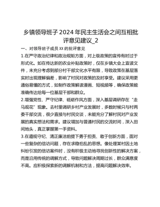 乡镇领导班子2024年民主生活会之间互相批评意见建议_2