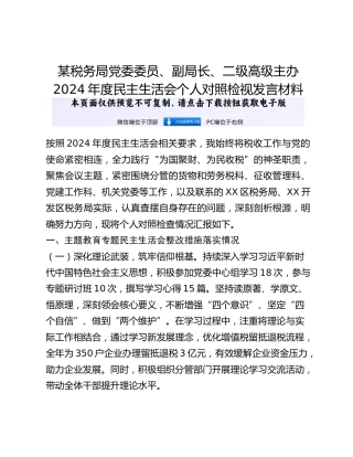 某税务局党委委员、副局长、二级高级主办2024年度民主生活会个人对照检视发言材料