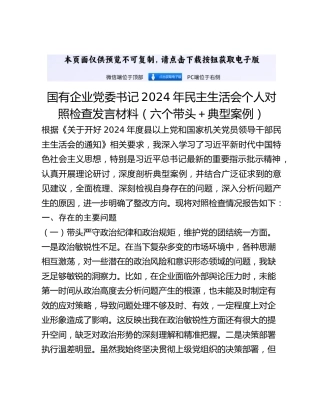 国有企业党委书记2024年民主生活会个人对照检查发言材料（六个带头+典型案例）