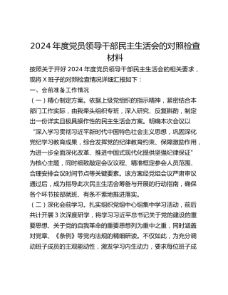 2024年度党员领导干部民主生活会的对照检查材料（会前准备工作＋四个带头＋典型案例 ）