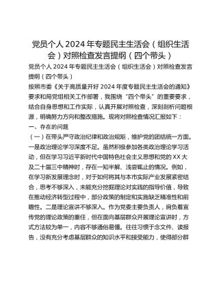 党员个人2024年专题民主生活会对照检查发言提纲