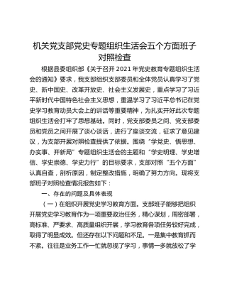 机关党支部党史专题组织生活会五个方面班子对照检查