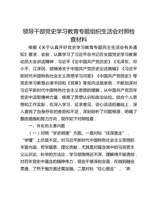 领导干部党史学习教育专题组织生活会对照检查材料