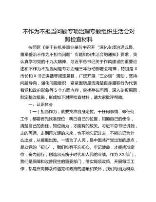 不作为不担当问题专项治理专题组织生活会对照检查材料