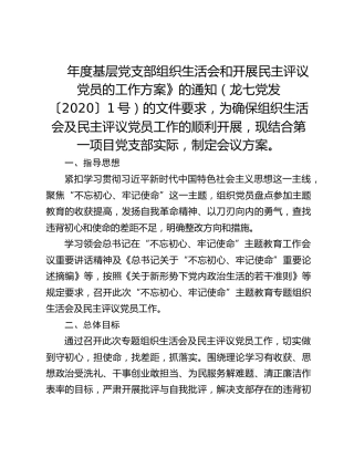基层党支部组织生活会和开展民主评议党员的工作方案