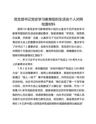 党支部书记党史学习教育组织生活会个人对照检查材料