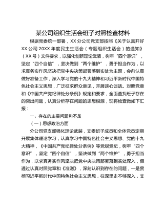 某公司组织生活会班子对照检查材料参考范文