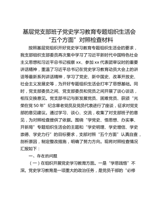基层党支部班子党史学习教育专题组织生活会“五个方面”对照检查材料