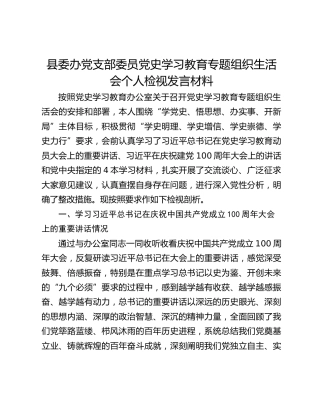 县委办党支部委员党史学习教育专题组织生活会个人检视发言材料