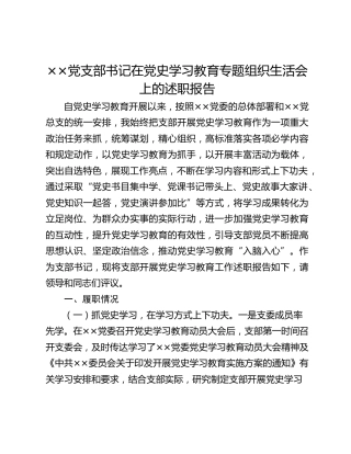 党支部书记在党史学习教育专题组织生活会上的述职报告