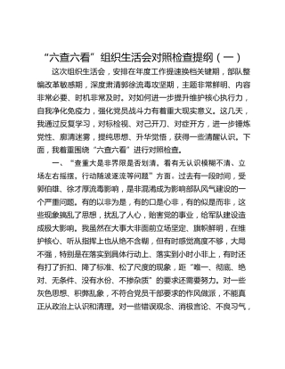 “六查六看”组织生活会对照检查提纲
