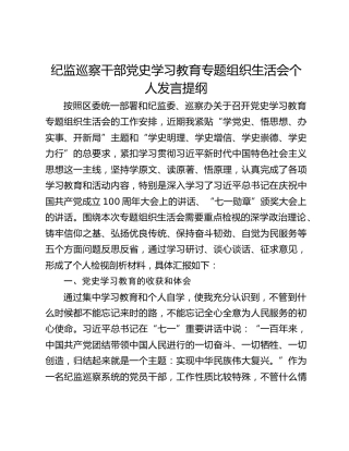 纪监巡察干部党史学习教育专题组织生活会个人发言提纲