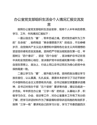 办公室党支部组织生活会个人情况汇报交流发言