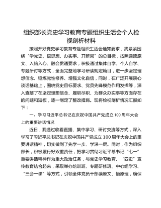 组织部长党史学习教育专题组织生活会个人检视剖析材料