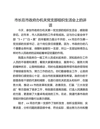 市长在市政府办机关党支部组织生活会上的讲话