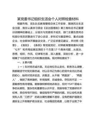 某党委书记组织生活会个人对照检查材料