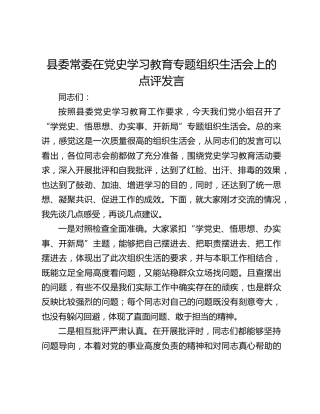 县委常委在党史学习教育专题组织生活会上的点评发言
