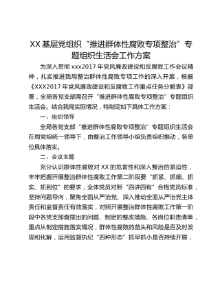 XX基层党组织“推进群体性腐败专项整治”专题组织生活会工作方案