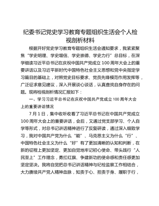 纪委书记党史学习教育专题组织生活会个人检视剖析材料