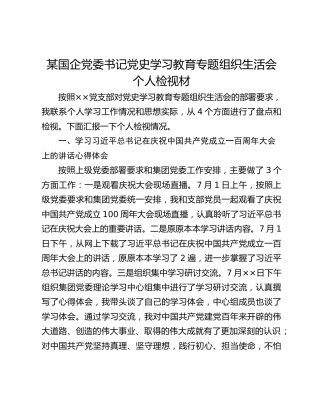 国企党委书记党史学习教育专题组织生活会个人检视材
