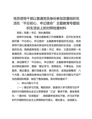 党员领导干部以普通党员身份参加双重组织生活在“不忘初心、牢记使命”主题教育专题组织生活会上的对照检查材料