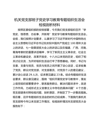 机关党支部班子党史学习教育专题组织生活会检视剖析材料