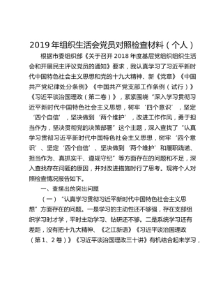 2019年组织生活会党员对照检查材料（个人）
