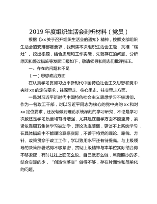 2019年度组织生活会剖析材料（党员）