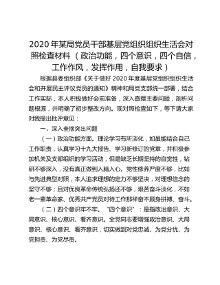 2020年某局党员干部基层党组织组织生活会对照检查材料 （政治功能，四个意识，四个自信，工作作风，发挥作用，自我要求）