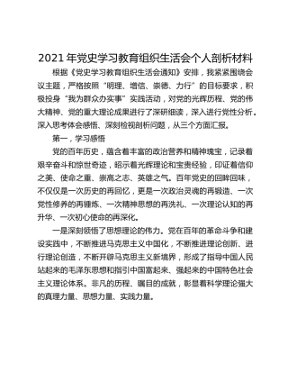 2021年党史学习教育组织生活会个人剖析材料