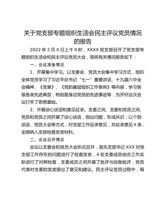关于党支部专题组织生活会民主评议党员情况的报告