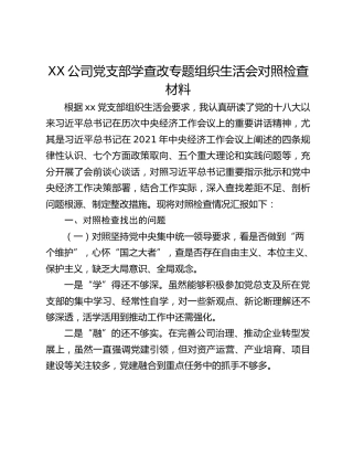 XX公司党支部学查改专题组织生活会对照检查材料