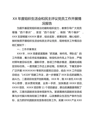 XX年度组织生活会和民主评议党员工作开展情况报告