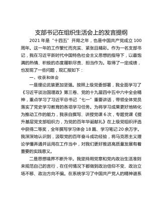 支部书记在组织生活会上的发言提纲