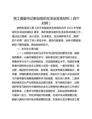 党工委副书记参加组织生活会发言材料（四个对照）