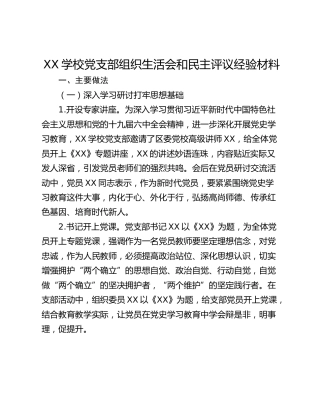 XX学校党支部组织生活会和民主评议经验材料