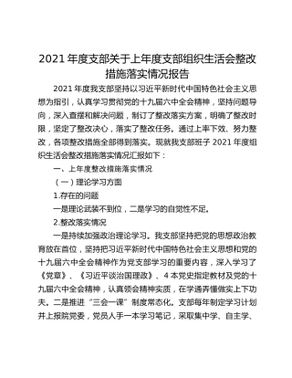 2021年度支部关于上年度支部组织生活会整改措施落实情况报告