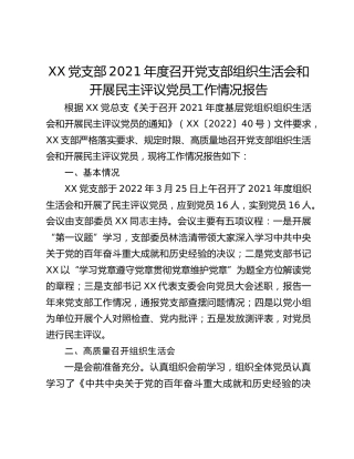XX党支部2021年度召开党支部组织生活会和开展民主评议党员工作情况报告