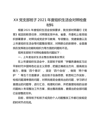 XX党支部班子2021年度组织生活会对照检查材料