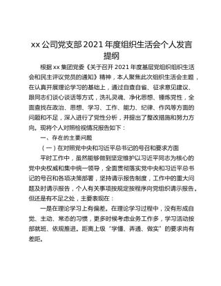 xx公司党支部2021年度组织生活会个人发言提纲