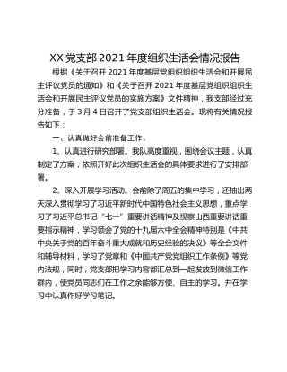 XX党支部2021年度组织生活会情况报告