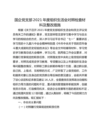 国企党支部2021年度组织生活会对照检查材料及整改措施