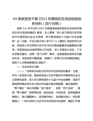 XX系统党员干部2021年度组织生活会检视剖析材料（四个对照）
