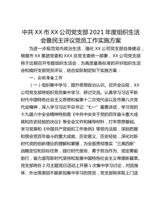 中共XX市XX公司党支部2021年度组织生活会暨民主评议党员工作实施方案