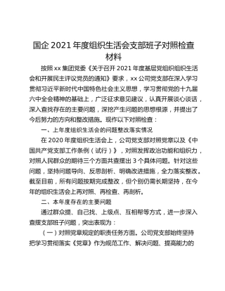 国企2021年度组织生活会支部班子对照检查材料