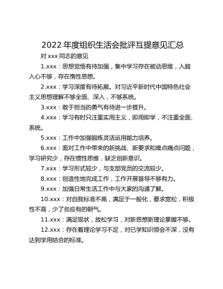 2022年度组织生活会批评互提意见汇总