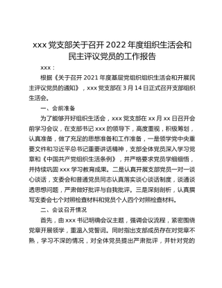 xxx党支部关于召开2022年度组织生活会和民主评议党员的工作报告