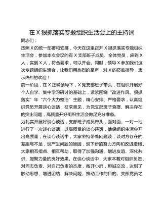 在X狠抓落实专题组织生活会上的主持词