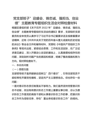 党支部班子”迎盛会、铸忠诚、强担当、创业绩”主题教育专题组织生活会对照检查材料
