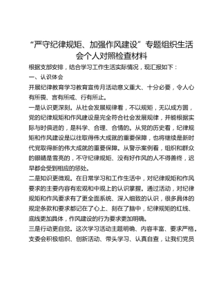 “严守纪律规矩、加强作风建设”专题组织生活会个人对照检查材料